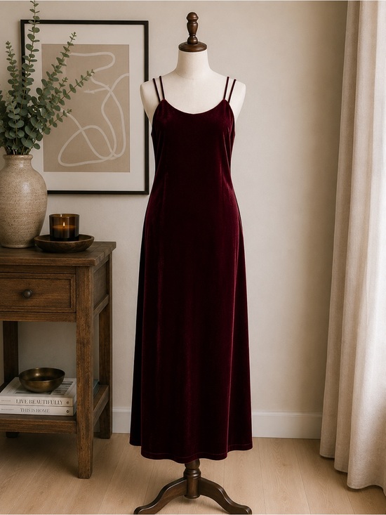 Le Boudoir Dresses & Skirts - Vintage 90s Burgundy Velvet Maxi Dress Double Spaghetti Strap Made in Canada 8